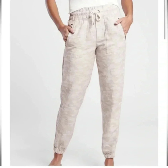Athleta Tan Camo Print High Rise Cabo Tide Linen Jogger Pants - Picture 1 of 14